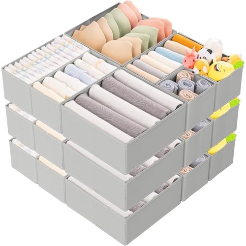 Criusia 15 Pack Drawer Organizer for Clothes, Foldable Dresser Dividers with 3 Sizes, Fabric Storage Bins – White