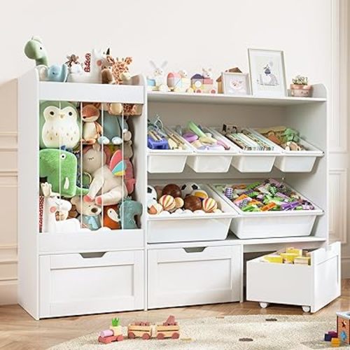 Kids Toy Storage, 50.6" W x 41.3" H Large Toy Organizers and Storage Cabinet with 6 Plastic Bins, 3 Rolling Drawers, Stuffed Animal Zoo, Wooden Organization Shelf for Playroom, Nursery(White)