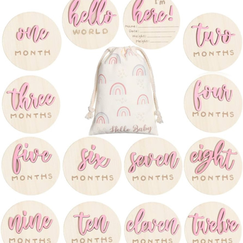 7 Pack 3D Baby Monthly Milestone Card Signs Baby Announcement Sign Double Sided Hello World Newborn Signs Wooden Circles Discs for Welcome Newborn Shower Boy Girl Photo Props(Pink)
