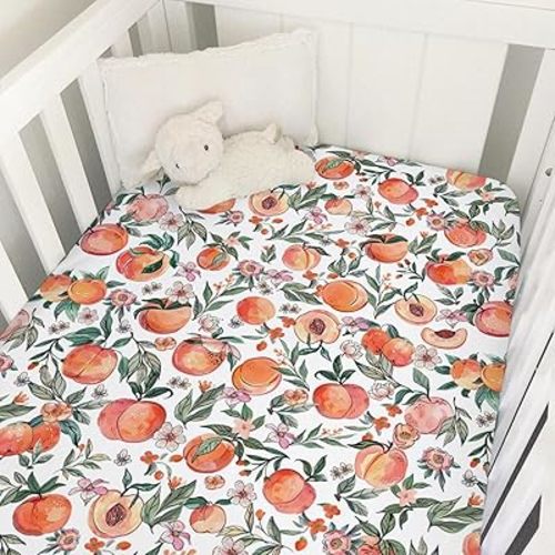 Peach Baby Crib Sheet 52''x28'' Vintage Peach Fruit Floral Leaves Stretchy Fitted Crib Mattress Covers for Boy Girl Summer Soft Baby Nursery Bed Sheets for Standard Crib and Toddler Mattresses