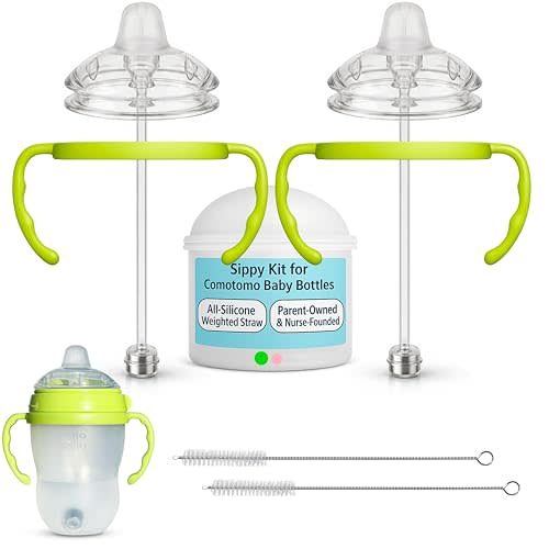 Sippy Cup Conversion Kit for Comotomo Baby Bottles 2-Count, Food Grade Silicone Spout Nipples, All Silicone Weighted Straw, Bottle Handles, Cleaning Brush, BPA-Free, 4+ Months (Sippy Spout, Green)