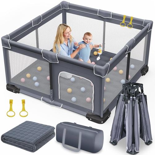 Foldable Baby Playpen with Mat, 50"x50" Folding Playpen for Babies and Toddlers, Sturdy Safety Play Yard with Gate, Portable Kid's Play Pen with Bag