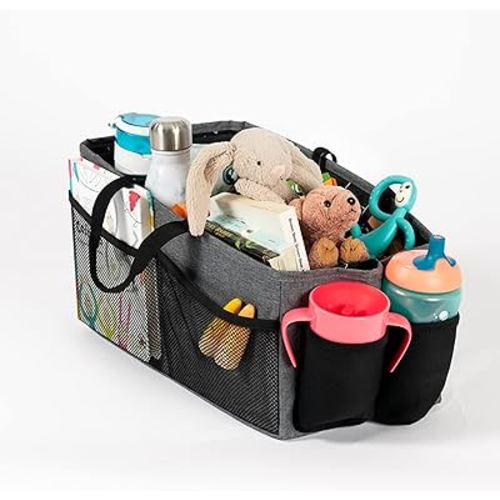 Diono Travel Pal XL Back Seat Car Organizer, 12 Compartments for Kids and Pet Toys, Insulated Drink Holder, Dividable Storage, Reinforced Carry Handles, Collapsible Car Organizer, Folds Flat, Grey