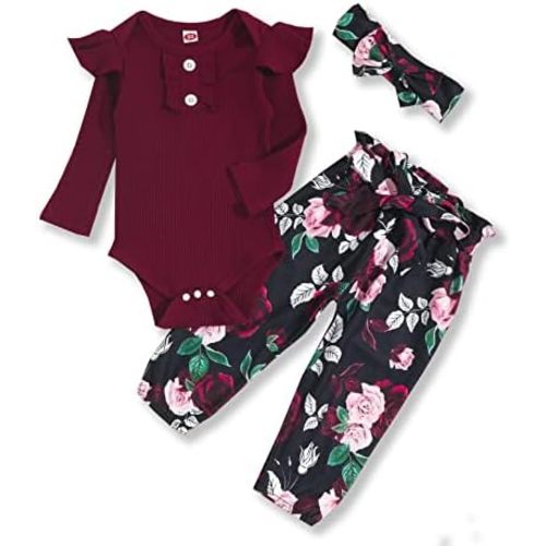 Kislio Newborn Baby Girls Clothes Ribbed Ruffled Romper+Floral Pants+Headband Infant Outfit Set