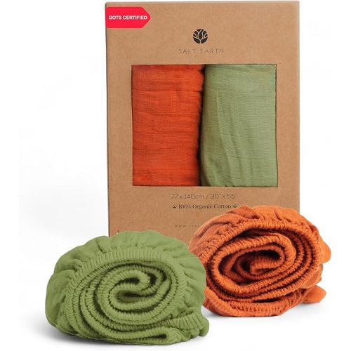 Salt Earth 100% Organic Cotton Muslin Standard Fitted Crib Sheet for Boys, Girls & Toddlers – 52"x28", 2 Pack Soft Breathable Natural Cotton Mattress Bed Sheets, Neutral Crib Sheet (Green & Rust)