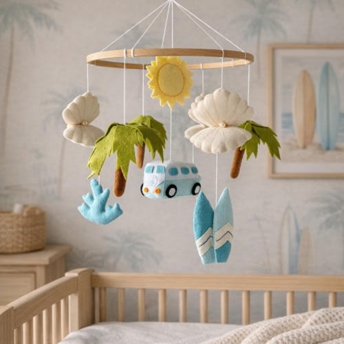 Surf Nursery Mobile, Beach Baby Mobile, Coastal Crib Mobile, Boho Baby Room Decor, Baby Shower Gift, Felt Mobile