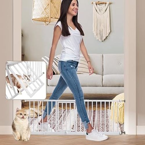 18" Height Short Dog Gate with Small Cat Door, Adjustable 18"-48" Extra Wide Pet Gate with 4 Extension Kits Pressure Mounted for Doorways and Stairs, White