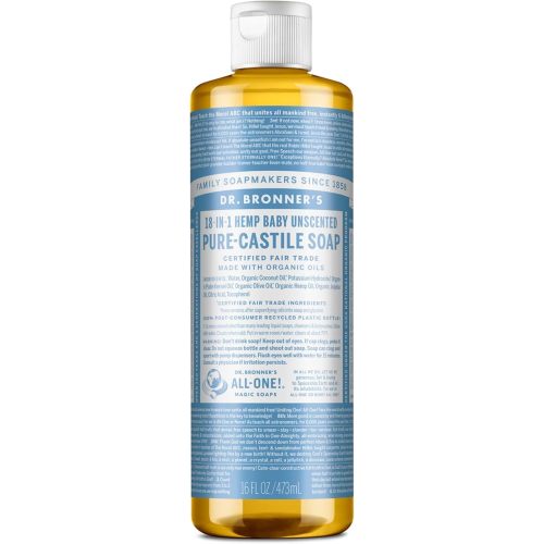 Dr. Bronner's - Savon liquide Pure-Castile (bébé non parfumé, 473 ml) - Fabriqué avec des huiles biologiques, 18 en 1 Utilisations : visage, cheveux, lessive et vaisselle pour peaux sensibles et bébés