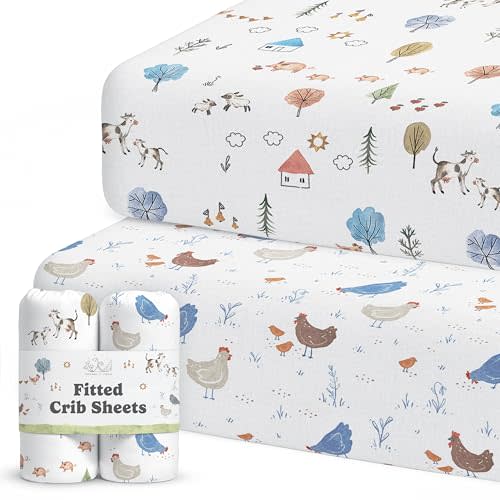 Crib Sheets Neutral - Fitted Baby Crib Sheets Bed for Girl Boy - 2 Pack Standard & Toddler Mattress (Farm Animals) - Buttery Soft Organic Cotton Blend