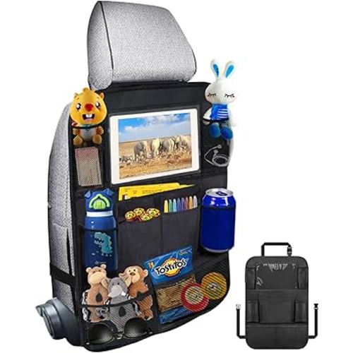 Ecurfu Backseat Car Organizer with 10 Compartments, 10 Inch Tablet Holder, Waterproof Storage Bag for Kids Cars - 600D Oxford Fabric, Black (1PC)