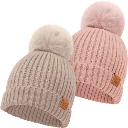 2-Pack Pom Knitted Beanie - Fawn / Small