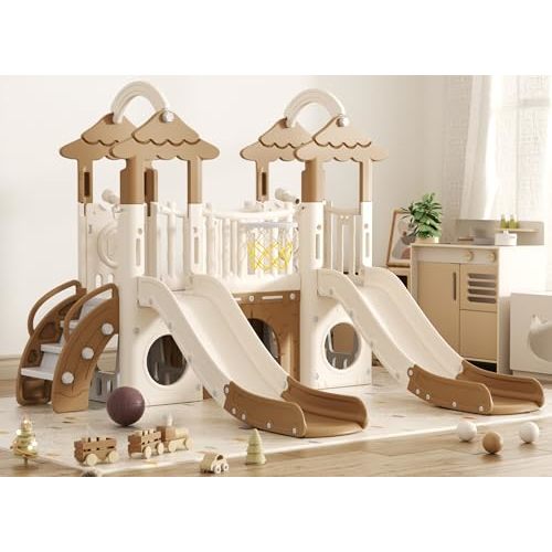 YUFU 9 in 1 Toddler Slide, Kids Slide Playset with Double Slide, Climber, Basketball Hoop, Tunnel and Storage Space, Indoor Outdoor Playground for Toddlers Age 1-3 (Brown)