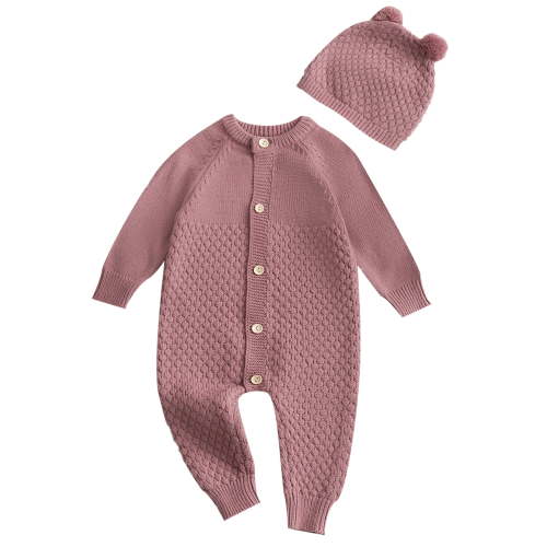 Actgleam Newborn Baby Boys Girls Romper Winter Knitted Pajamas with Hat,Pinkish Purple,0-3Months