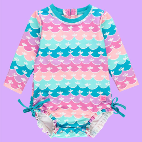 Novelty Long Sleeve One Piece Rash Guard Swim Suit with Ruffles