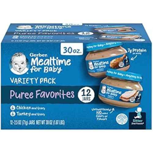 Gerber Stage 2 Baby Food, Chicken & Turkey Variety Pack Jars, Mealtime Poultry Puree, Baby Food Puree,12-Pack