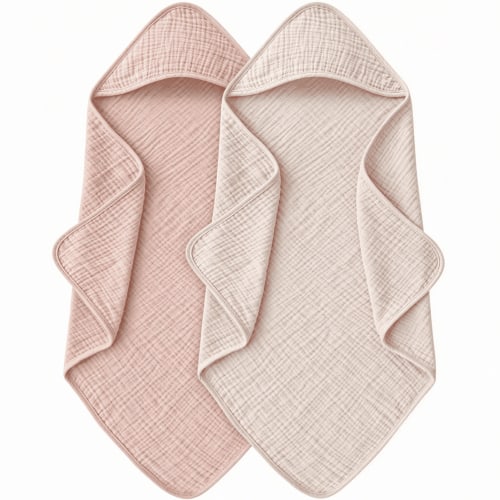 ARLAJO Hooded Baby Bath Towels, Muslin Cotton Baby Girl Towels with Hood for Neutral Newborn Infants, Soft & Absorbent, Large Size - 32 * 32 Inches (Ivory & Pink)
