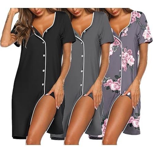 Ekouaer Nightgowns for Women 3 Pack Sleep Shirts Button Down Pajama Dress Short Sleeve Nightshirt Sleepwear Nightdress
