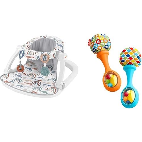 Fisher-Price Portable Baby Chair Sit-Me-Up Floor Seat with Developmental Toys & Machine Washable Sea & Baby Newborn Toys Rattle 'n Rock Maracas