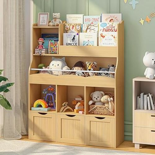 Vabches Kids Bookshelf with 3-Tier Book Rack, Multi-Functional Storage Cabinet Bookcase with 3 Movable Drawers, Wooden Toy Organizer with Toy Chest for Kid Room, Playroom, Oak