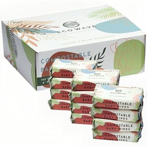 Eco Wave Baby Wipes, 100% Compostable Eco-Friendly Bamboo Wipes, Unscented, Hypoallergenic, Vegan, Alcohol-Free, Suitable For Sensitive Skin (Pack of 12)