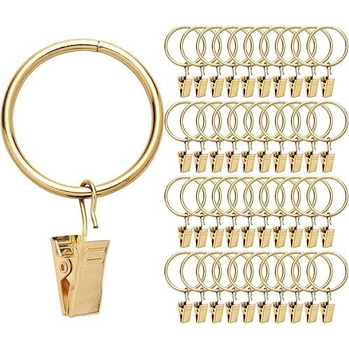 40 Pack Hanger Rings with Hooks - Golden Rustproof Metal Window Drapery Clip Vintage Heavy Duty Eyelet Curtain Rods Hangers Rings with Hooks, 1.25In Inner Diameter (Non Open)