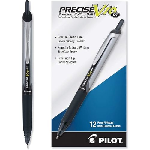PILOT Precise V10 RT Rolling Ball Pens, Black Ink, 1.0mm, 12-Pack