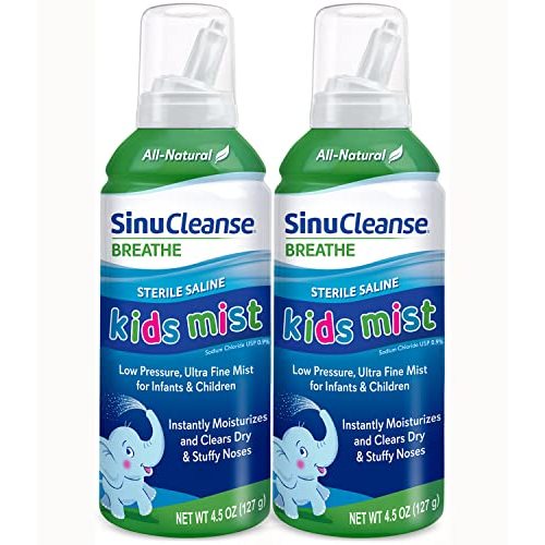 SinuCleanse Sterile Saline Kids Nasal Spray, Ultra Fine Mist, Instantly Moisturizes Dry, Stuffy Noses, Safe for Newborns & Up, 4.5 Oz (2 Pack), Made in USA