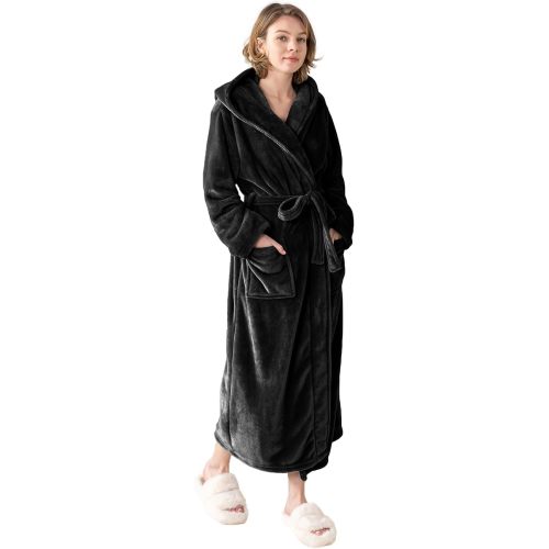Robes for Women - Hooded Plush Fleece Bathrobe with Sash & Pockets, Full-Length Lightweight Spa Robe