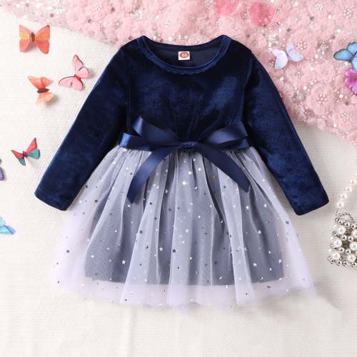 jsaierl Kids Toddler Baby Girls Velvet Tulle Dress Patchwork Mesh Dress Cute Infant Long Sleeve Princess Dresses Party Tutu Dress 6M-4T