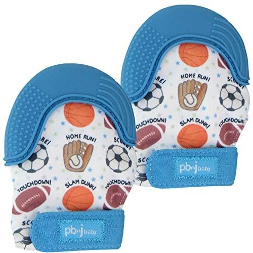 PBnJ baby Silicone Infant Teething Mitten Teether Glove Mitt Toy with Travel Bag-Sports 2pk