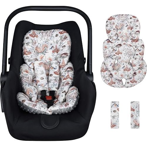 Infant Car Seat Insert Cushion, Super Soft Baby Car Seat Head Support & 2 Straps Pads, Reversible Preemie Newborn Carseat Insert, Fit Car Seat, Stroller, Infant Bouncer, Gray Animals