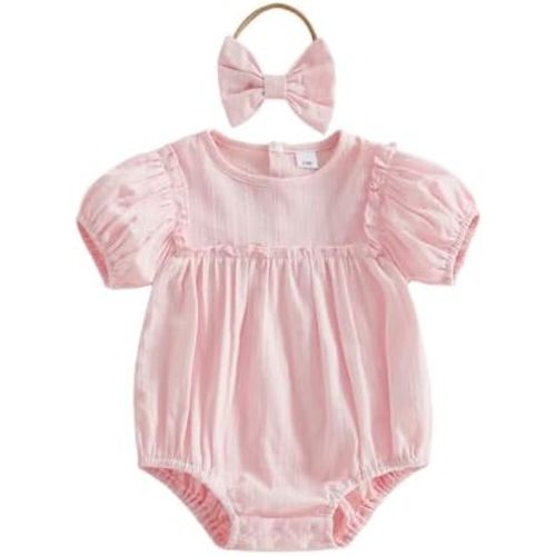 Douhoow Infant Baby Girl Summer Clothes Flying Sleeve Crew Neck Baby Girl Romper with Bow Headband