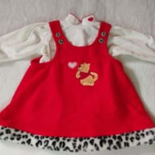VTG Y2K Girls 3-6M Winnie the Pooh Red Fleece Overalls Dress Set Heart Bodysuit