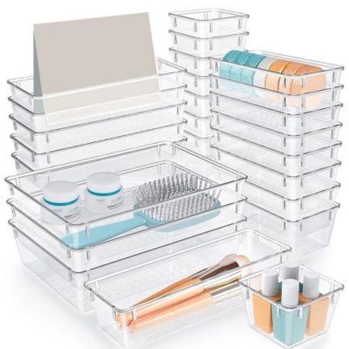 Cheer Collection 25-Piece Clear Drawer Organizer Set – Stackable Acrylic Bins in 4 Sizes