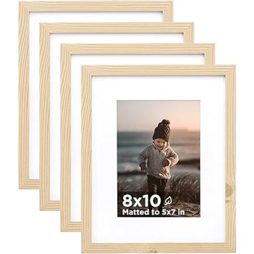 KINLINK 8x10 Picture Frame Wood Grain Set of 4, Wooden Photo Frames Matted 5x7 with Plexiglass for 5x7 with Mat or 8x10 without Mat for Table and Wall Display
