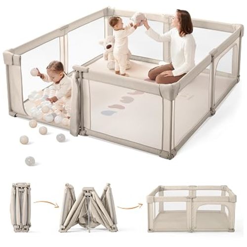 Sweeby Baby Playpen, 59x59 Inch Gate Foldable for Babies and Toddlers, Extra Large with Door Play Yard for Fence Indoor and Outdoor, Light Khaki