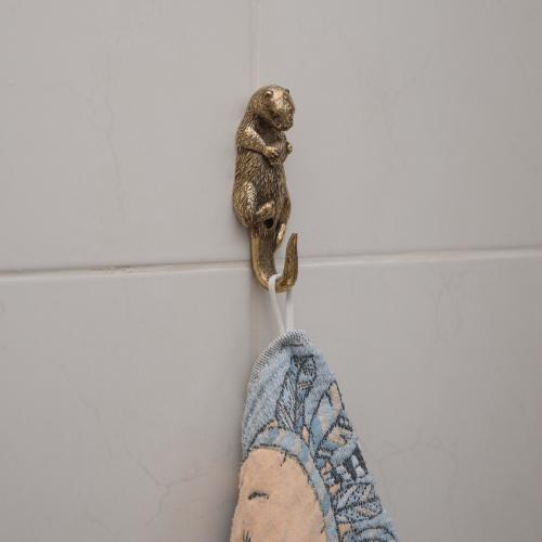 Solid Brass Otter Wall Hook Holding Shell, Handmade Animal Decor for Keys, Towels, Bags.