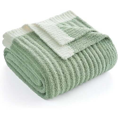Snuggle Sac Fluffy Ribbed Throw Blanket for Couch, Sage Green, Microfiber Knit Throws for Sofa, Soft Luxurious Fuzzy Warm Blankets for Sofa, Bed, Travel, Sage Green, 50x60 inches