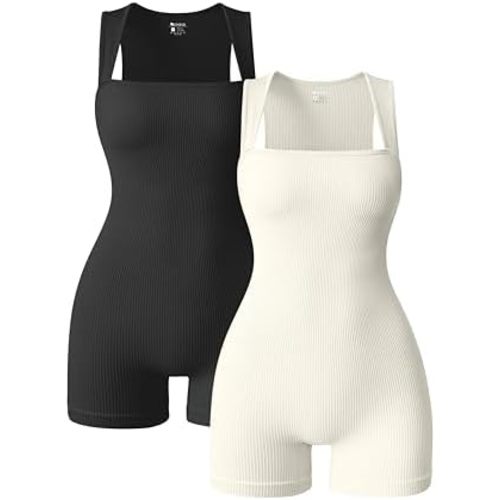 OQQ Women 2 Piece Rompers Yoga Stretch Strappy Square Neck Sleeveless Exercise Rompers