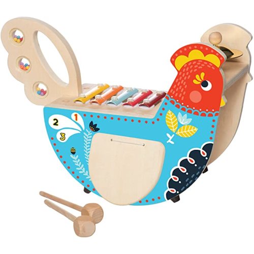 Manhattan Toy Musical Chicken Wooden Instrument for Toddlers with Xylophone, Drumsticks, Cymbal and Maraca,Blue