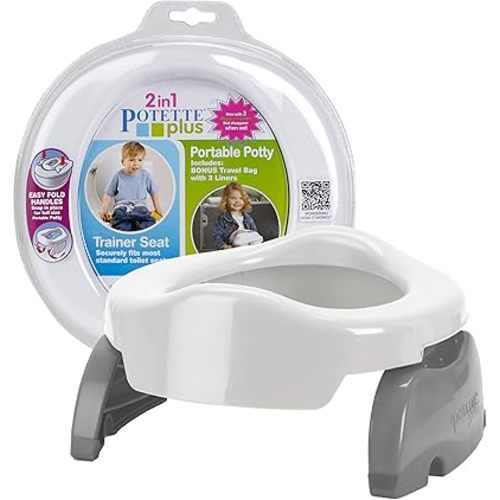 Kalencom Potette Plus 2-in-1 Travel Potty and Trainer Seat - Dual-Purpose Potty Training Toilet Seat - Portable Potty for Toddler Travel - with Durable, Lock-in Legs and Splash Guard - White/Gray