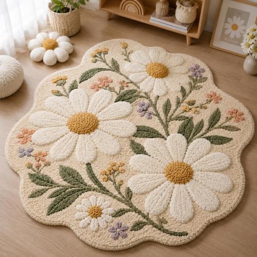 Daisy Shaped Area Rug, Cute Floral Tufted Carpet, Aesthetic Bedroom Rug, Soft Plush Kids Room Rug, Girly Home Decor .