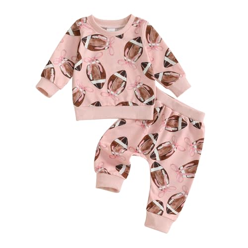 Toddler Baby Girls Football Outfit Funny Rugby Bow Print Sweatshirt Top Pants Set 2Pcs Fall Sport Pullover Clothes