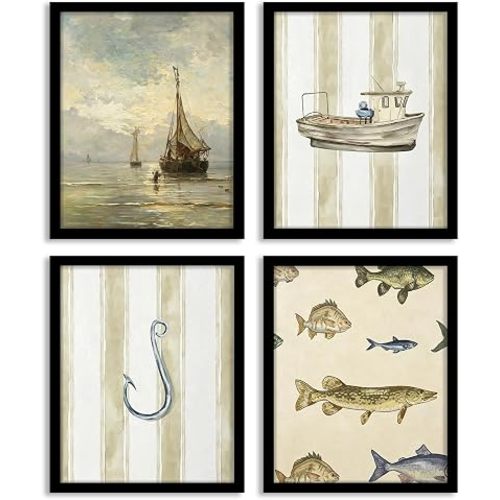 WEFKODO Vintage Fishing Nursery Toddler Bedroom Wall Decor,Boy Wall Decor for Boys Bedroom Room,Vintage Fishing Boat Art Painting Pictures,8x10 Unframed 4Pcs