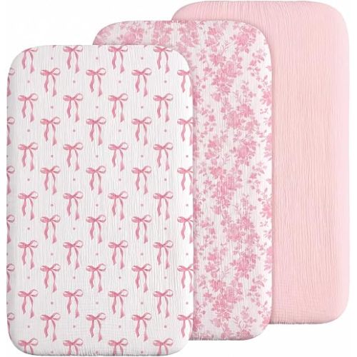 Peryiter 3 Pcs Muslin Fitted Sheet Baby, Flower, Bow, Bedside Sleeper, Pink