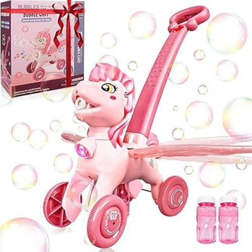 Pink Bubble Machine Blower Maker Lawn Mower Walking Toy Christmas Basket Stuffers Outdoor Summer Girls Kids Birthday Best Gift for 3-12 Year Old Unique Cute Valentines Day Unicorn Gifts