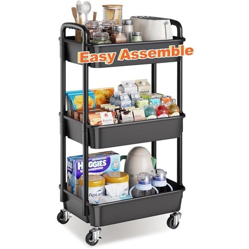 3 Tier Plastic Rolling Cart with Wheels, Black Three Tiered Snack Carts Organizer on Lockable Wheels, Utility Storage Trolley for Diaper Caddy, Craft, Art, Nail, Cleaning Supplies, Book, Baby Nursery
