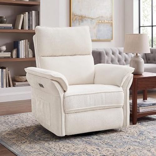 Oversized Rocking Chair Nursery with Massage and Heat, Glider Recliner Nursery Chair with Adjustable Headrest, Power Swivel Rocker Recliner Chair with USB Port, White