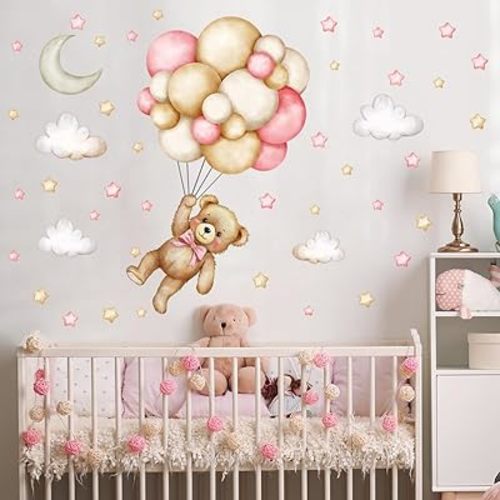 Teddy Bear Wall Decals - Cartoon Bear Air Balloon Star Moon Cloud Wall Stickers for Kids Room Girls and Boys Bedroom Baby Room Nursery Decoration (Pink Bear Cartoon Animal Wall Decal)