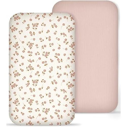 Muslin Bedside Bassinet Sheets 2 Pack, 33x20 Fitted Ultra Soft & Breathable Bedside Sleeper Sheets, Ideal for Baby Girl and Boy, Perfect for Newborns (Floral & Pink)